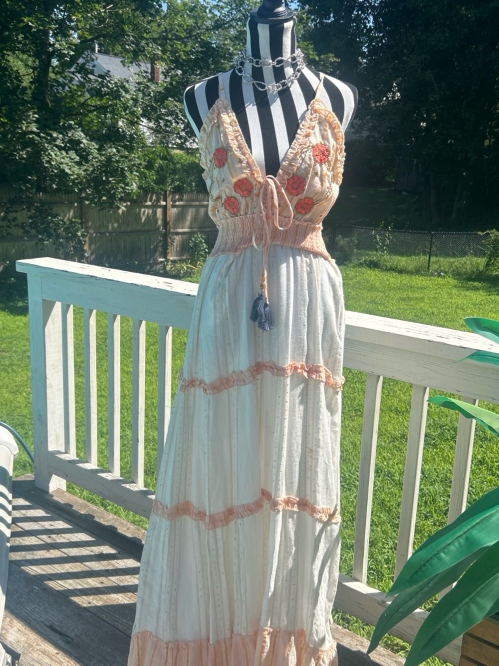 Moda D'Amare Women's S Pink White Gold Striped Smocked Embroidered Maxi Dress
